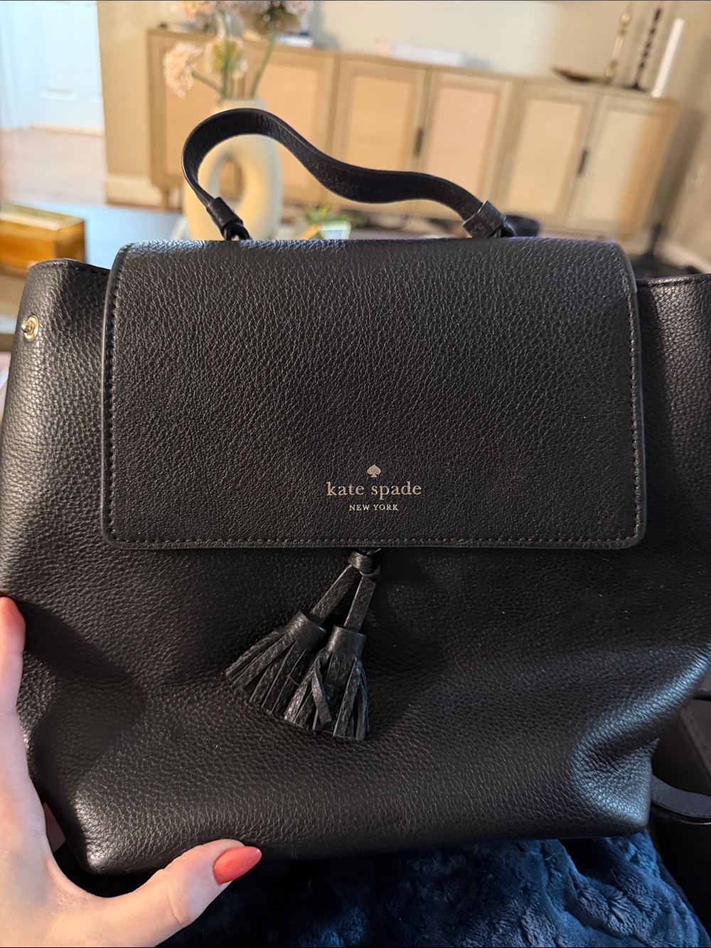 kate spade Black Pebbled Leather Tassel Top-Handle Backpack